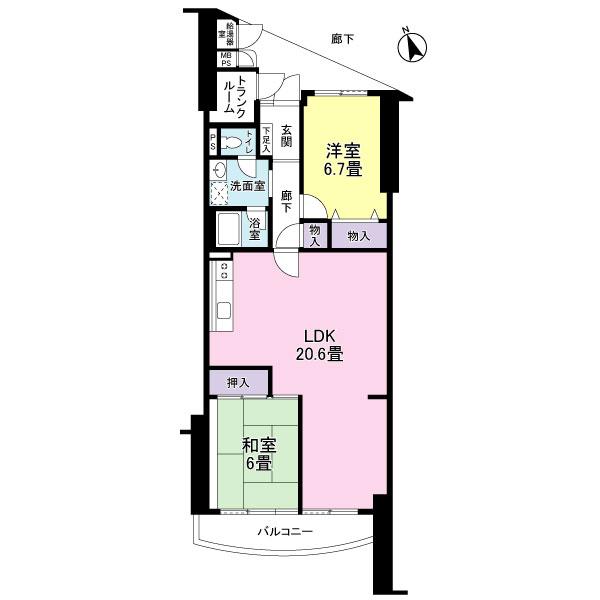 Floor plan. 2LDK, Price 14.9 million yen, Occupied area 75.77 sq m , Balcony area 6.7 sq m