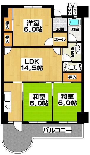 Floor plan. 3LDK, Price 9.5 million yen, Occupied area 69.42 sq m , Balcony area 11.76 sq m