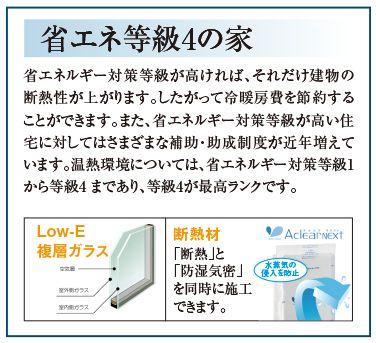 Other. With standards set by the Energy Conservation Act is the next generation energy conservation standards, The grade that corresponds to this, It is energy-saving measures grade, which is determined by the Housing Performance Indication System in the goods 確法. Energy-saving measures grade 4 is the highest grade!