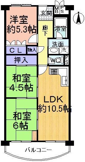 Floor plan. 3LDK, Price 14 million yen, Footprint 67.8 sq m , Balcony area 7.33 sq m