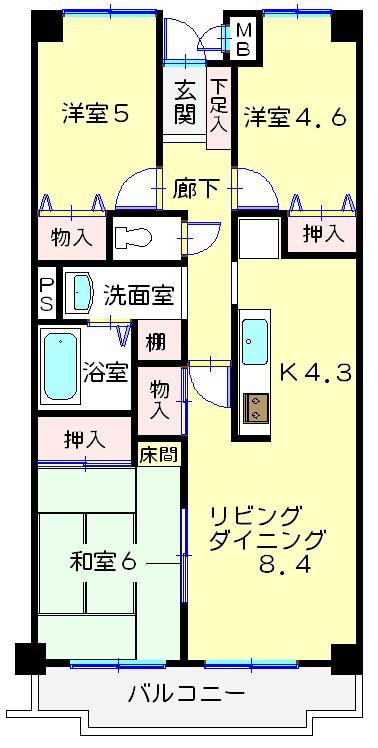 Floor plan. 3LDK, Price 11 million yen, Occupied area 65.82 sq m , Balcony area 7.49 sq m southwest-facing balcony