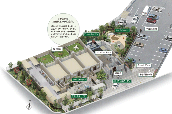 Features of the building.  [Land Plan] By taking advantage of the wide grounds shape corresponding to a corner lot of two-way road, Five of the Garden which occupies an area of ​​about 700 sq m in the site is arranged, Lush outdoor space suitable to be referred to as "Niwataku" has been directed (site layout)