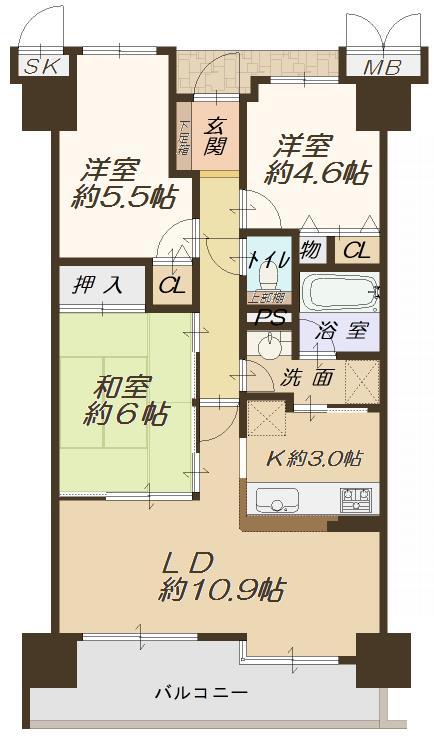 Floor plan. 3LDK, Price 15.5 million yen, Occupied area 66.01 sq m , Balcony area 11.97 sq m   [Floor plan]
