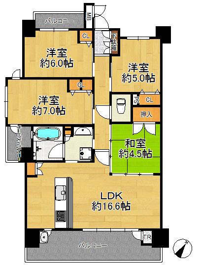 Floor plan. 4LDK, Price 33 million yen, Occupied area 86.27 sq m , Balcony area 16.74 sq m