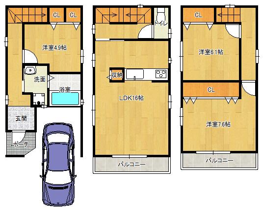 Floor plan. 22,800,000 yen, 3LDK, Land area 66.08 sq m , Taking into account the building area 98.39 sq m frontage facing, We laid the stairs to the north. Stuck by providing a lighting surface in each room.
