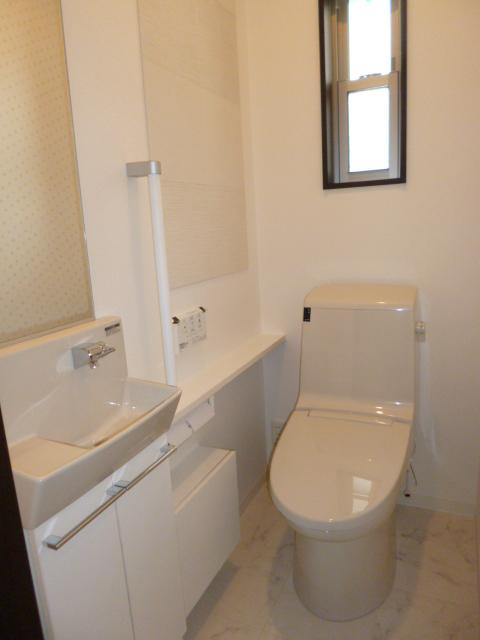 Toilet. counter, Washbasin.