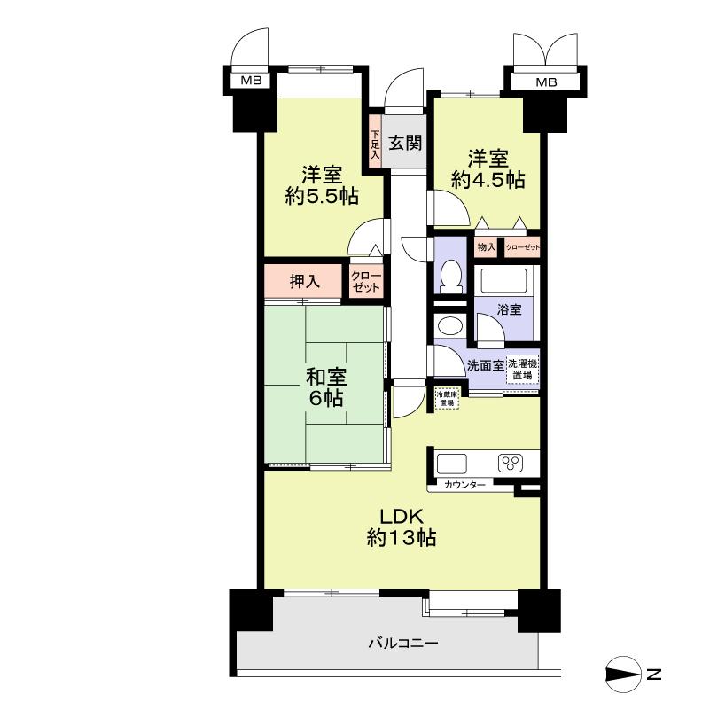 Floor plan. 3LDK, Price 15.5 million yen, Occupied area 66.01 sq m , Balcony area 11.97 sq m
