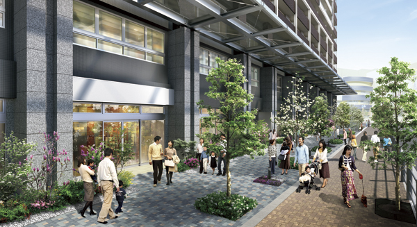 Features of the building.  [Outdoor facility ・ Sidewalk-like open space] When you go around this town to be born in front of the station, The difference of the flavor is felt in each of the Street. Especially, DSR Hamming Street street trees and the shop was harmony, Bright, modern atmosphere (Rendering)