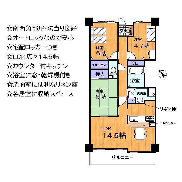 Floor plan. 3LDK, Price 18.9 million yen, Occupied area 68.68 sq m , Since the balcony area 7.91 a sq m angle room southwestward is per yang is good