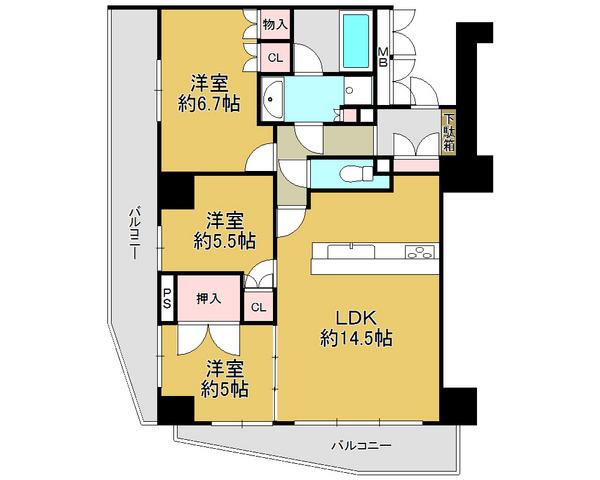 Floor plan. 3LDK, Price 26,900,000 yen, Occupied area 70.32 sq m , Bright dwelling because it onto a balcony area 20.3 sq m all the living room balcony