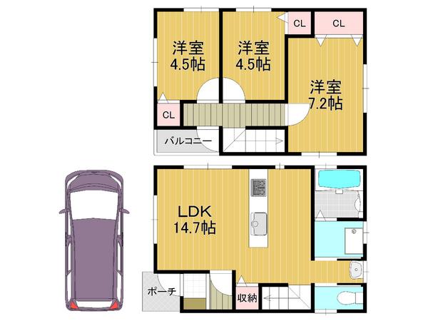 Floor plan. 19,800,000 yen, 3LDK, Land area 68.26 sq m , Residence of 3LDK the building area 76.5 sq m all room storage space with