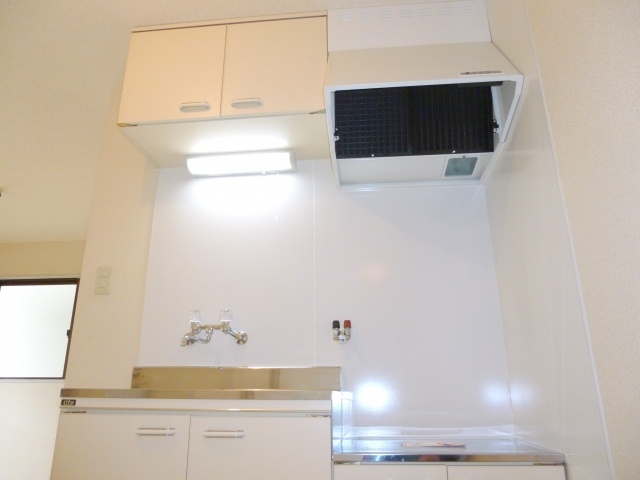 Kitchen. Storage shelves and a ventilation fan