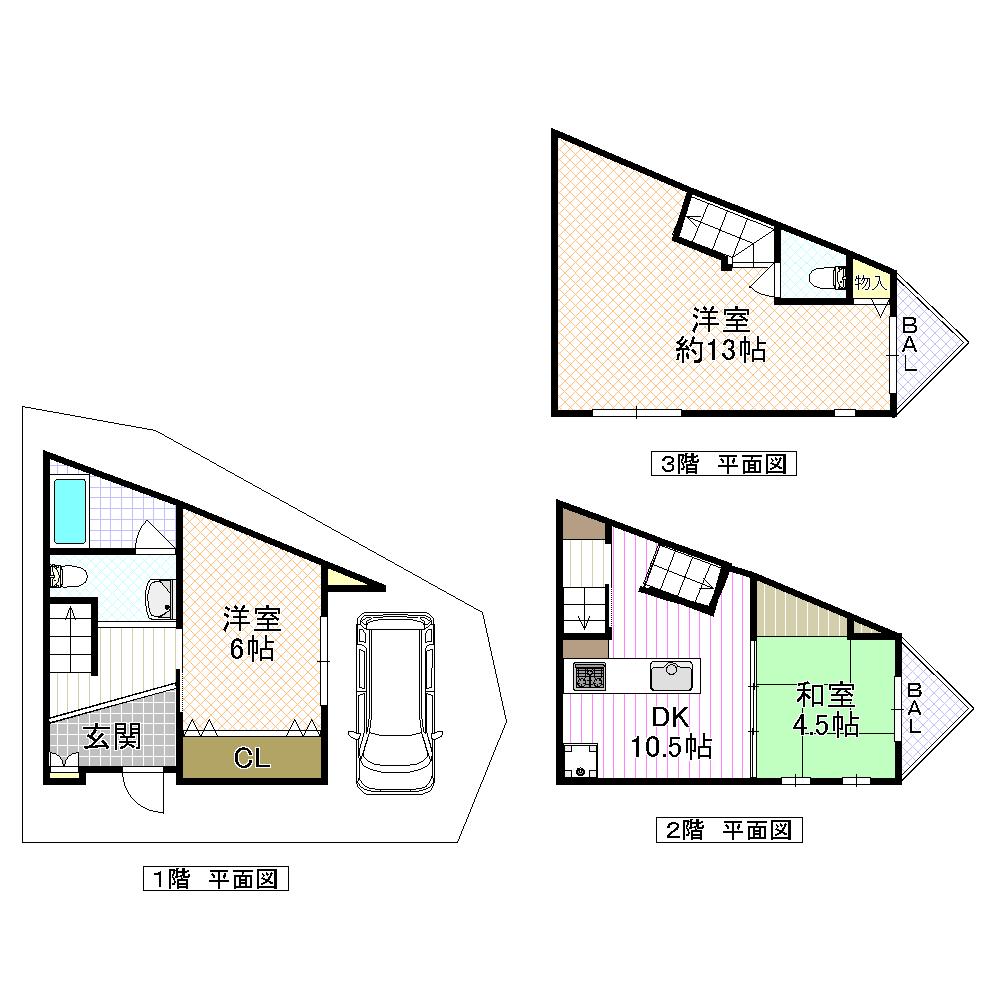 Floor plan. 9.8 million yen, 3DK, Land area 44.9 sq m , Building area 87.17 sq m