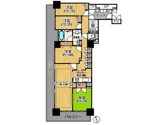 Floor plan. 4LDK, Price 34,800,000 yen, Occupied area 98.32 sq m , Balcony area 34.27 sq m