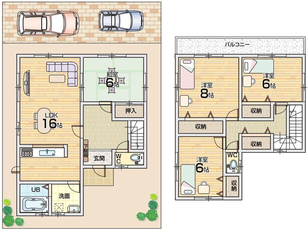 Floor plan. 31,800,000 yen, 4LDK + S (storeroom), Land area 110.79 sq m , Building area 105.99 sq m parking two possible! South-facing wide balcony! South 3 rooms!
