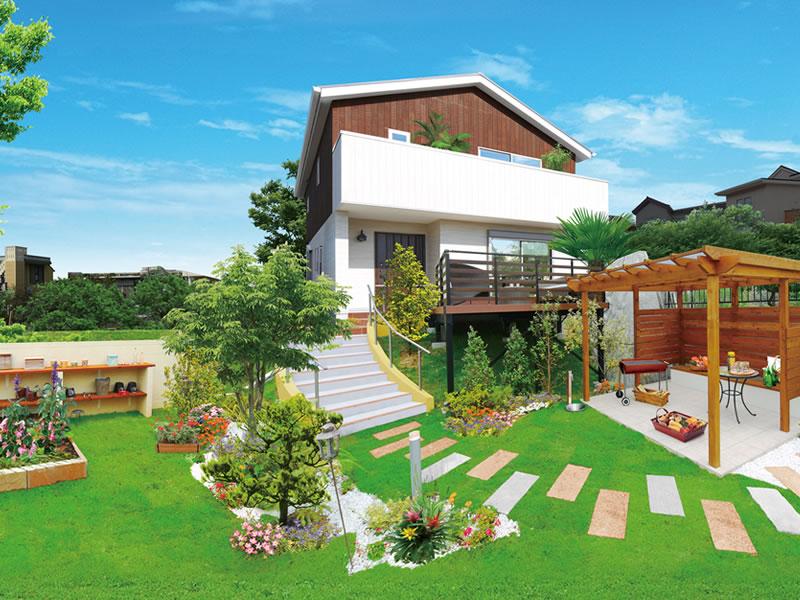 Local appearance photo. Garden space can enjoy the comfort and the grounds of the leeway of the south-facing terraced. BBQ and garden, Outdoor Living, Pet space, such as, You can freely take advantage to suit your lifestyle.