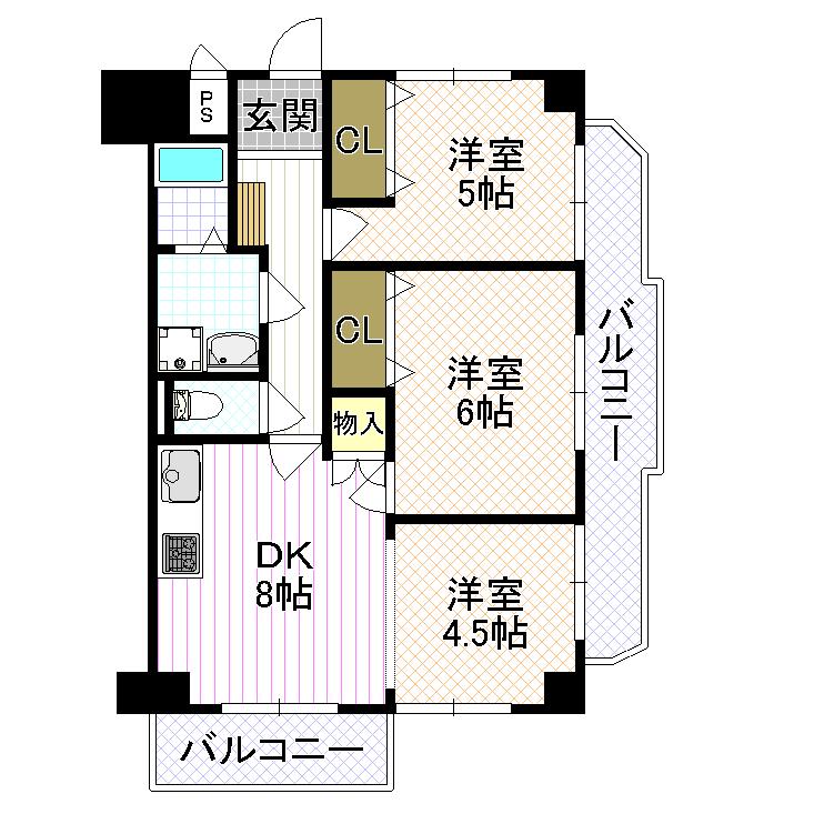 Floor plan. 3DK, Price 13.8 million yen, Footprint 56.7 sq m , Balcony area 10.48 sq m