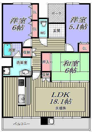 Floor plan. 3LDK, Price 29.5 million yen, Occupied area 80.52 sq m , Balcony area 14.47 sq m floor heating with LDK is spacious 18 tatami mats