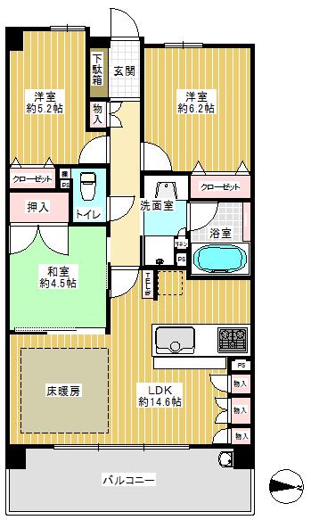 Floor plan. 3LDK, Price 19,800,000 yen, Occupied area 69.27 sq m , Balcony area 12.8 sq m
