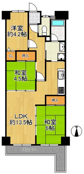 Floor plan. 3LDK, Price 7.3 million yen, Occupied area 65.64 sq m , Balcony area 10.89 sq m