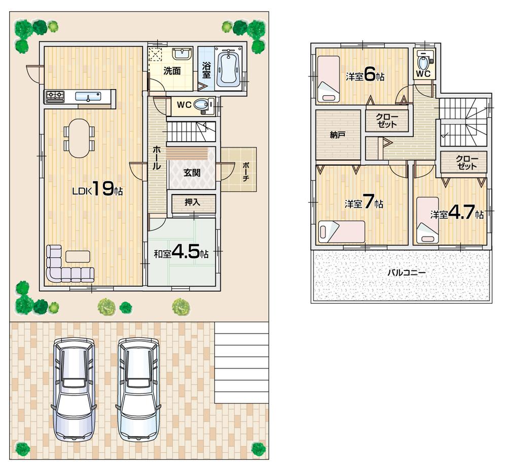 Compartment view + building plan example. Building plan example (A No. land) 4LDK, Land price 21 million yen, Land area 157.63 sq m , Building price 14.8 million yen, Building area 99.78 sq m