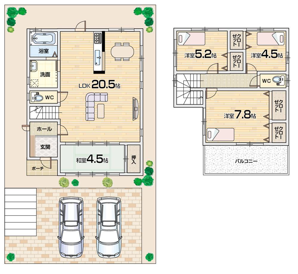 Compartment view + building plan example. Building plan example (B No. land) 4LDK, Land price 21 million yen, Land area 157.62 sq m , Building price 14.8 million yen, Building area 99.78 sq m