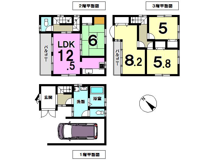 Floor plan. 14.2 million yen, 4LDK, Land area 66.36 sq m , It is the house of the building area 128.57 sq m 3 storey! Garage equipped