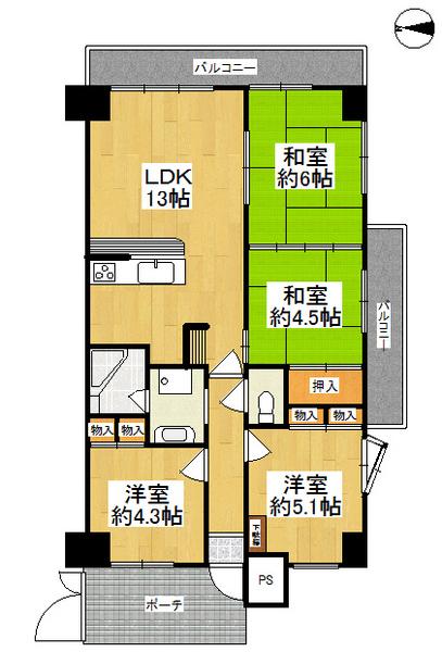 Floor plan. 4LDK, Price 12 million yen, Footprint 71.8 sq m , Balcony area 12.92 sq m 4LDK, Good per sun on two-sided balcony