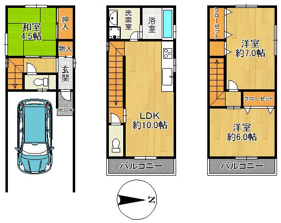 Floor plan. 14.9 million yen, 3LDK, Land area 57.3 sq m , Building area 86.04 sq m total living room with storage space, Mansion is equipped with garage
