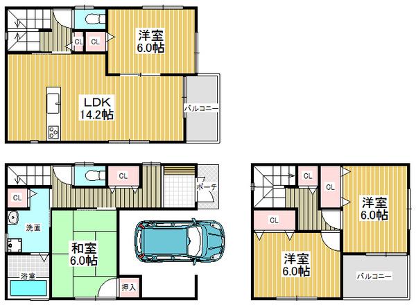 Floor plan. 20.8 million yen, 4LDK, Land area 70 sq m , Building area 112.36 sq m all room 6 tatami mats or more, Spacious living space with storage space