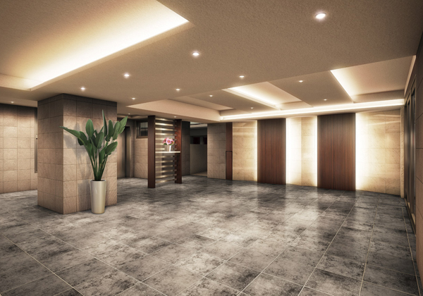 Buildings and facilities. Calm gray series of tile floor Ya, marble, White tile, Wall of woodgrain panel, Furthermore ceiling, Entrance Hall, such as the wall surface of the indirect lighting has configured a graceful space beauty. Celebrates the family and guests get to the way home in the elegant look (Entrance Hall Rendering)