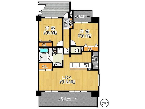 Floor plan. 2LDK, Price 24,800,000 yen, Occupied area 64.44 sq m , Balcony area 16.7 sq m