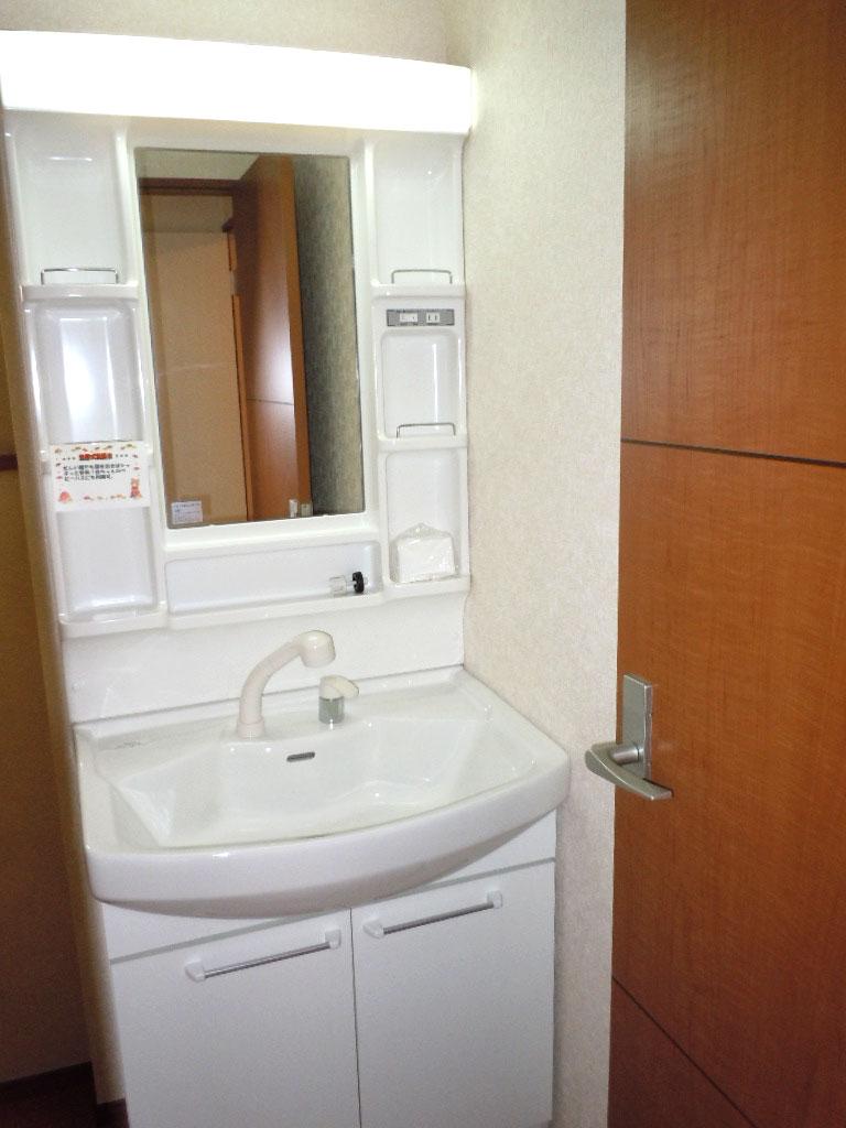 Wash basin, toilet. Convenient shampoo dresser also busy morning!