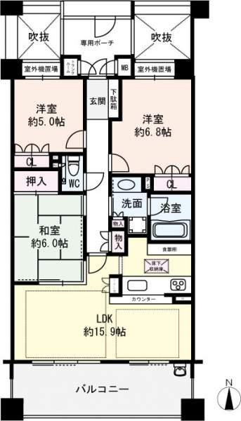 Floor plan. 3LDK, Price 24,300,000 yen, Occupied area 75.21 sq m , Balcony area 13.8 sq m south-facing Pouch Yes with gate