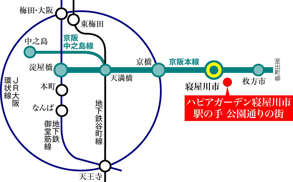 route map. Keihan "Neyagawa" 11-minute walk to the station downtown area "Yodoyabashi" in door to door to the station 30 minutes sphere of urban residential areas!