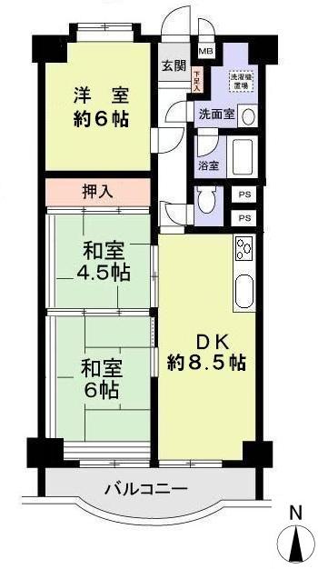 Floor plan. 3DK, Price 6.8 million yen, Footprint 65.8 sq m , Balcony area 7.62 sq m