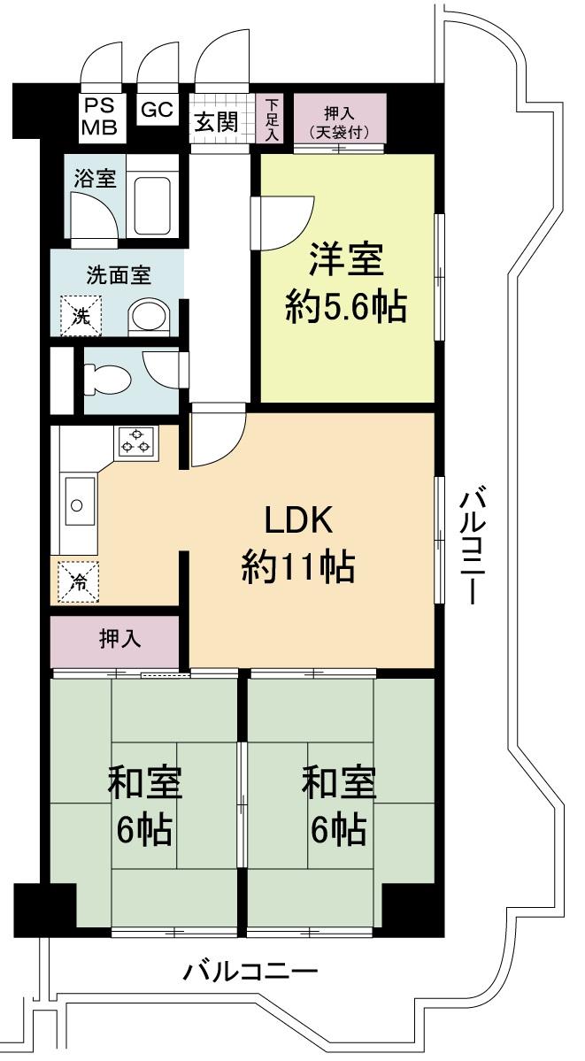 Floor plan. 3LDK, Price 14.9 million yen, Occupied area 64.35 sq m , Balcony area 22.19 sq m