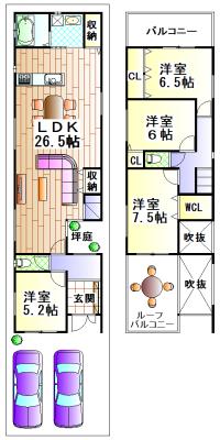 Floor plan. 59,800,000 yen, 4LDK, Land area 135.15 sq m , Building area 121.09 sq m Ken'nobe area of ​​about 121 sq m . garden ・ Roof balcony