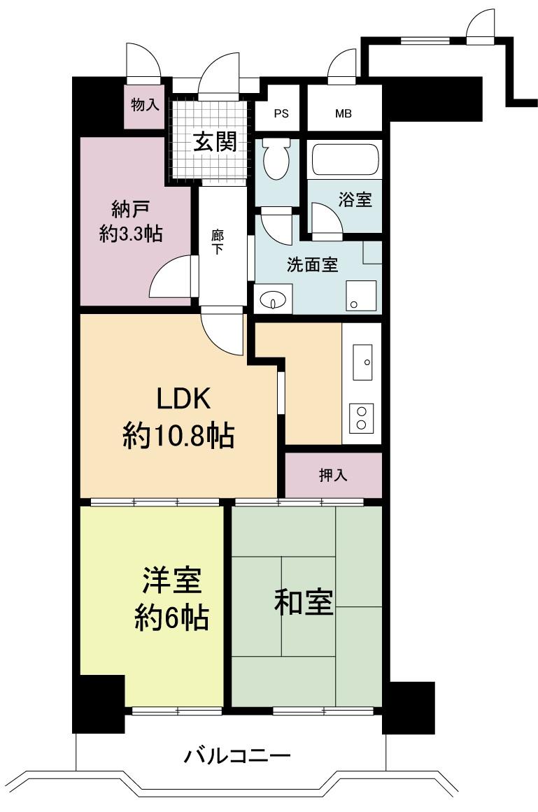 Floor plan. 2LDK + S (storeroom), Price 12.8 million yen, Footprint 57.7 sq m , Balcony area 7.53 sq m