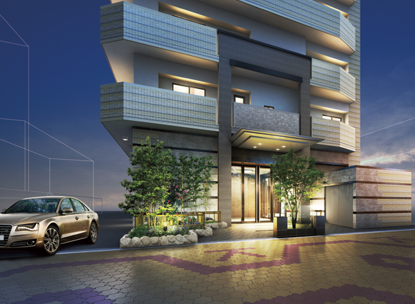 Features of the building.  [entrance] It consists of a warm dark brown and beige tiles and calm. Entrance facade provided with a high design property eaves, It creates a high-quality private area (Rendering)