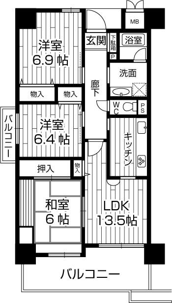 Floor plan. 3LDK, Price 22.1 million yen, Occupied area 80.16 sq m , Balcony area 15.47 sq m