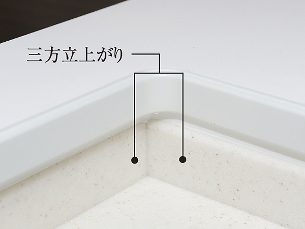 Kitchen.  [Rising counter three sides] Adopting the artificial marble counter top plate of the system kitchen. The portion in contact with the wall in order to prevent such a seal of the mold is a specification rising three-way provided with a rising (same specifications)