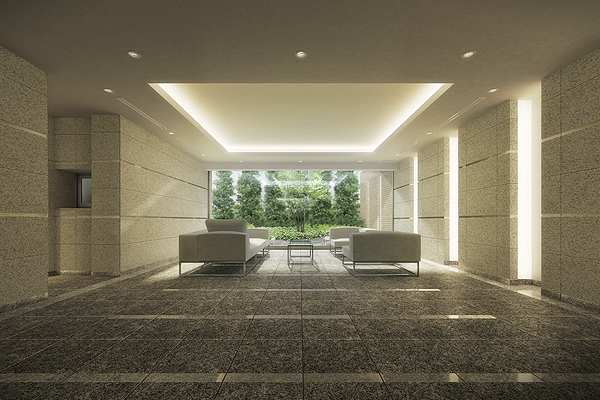 Buildings and facilities. The soft light to create the expressive lime stone and indirect lighting, Entrance Hall to produce a space of calm rest. Penetration green landscape of "moonlight garden" that spread in a glass full, Invite you to unwind of time the person who live (Entrance Hall Rendering)