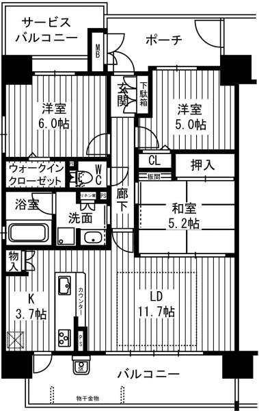 Floor plan. 3LDK, Price 34,300,000 yen, Occupied area 70.11 sq m , Balcony area 13.84 sq m