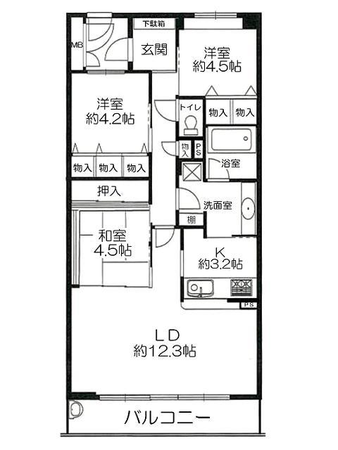Floor plan. 3LDK, Price 27.5 million yen, Occupied area 72.54 sq m , Balcony area 12.39 sq m