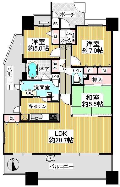 Floor plan. 3LDK, Price 33,900,000 yen, Occupied area 85.74 sq m , Balcony area 25.53 sq m