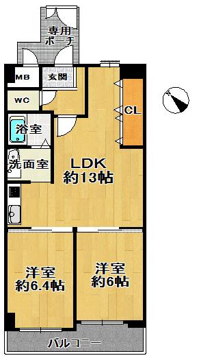 Floor plan. 2LDK, Price 15.5 million yen, Occupied area 55.45 sq m , Current status and priority per balcony area 9.89 sq m outline.