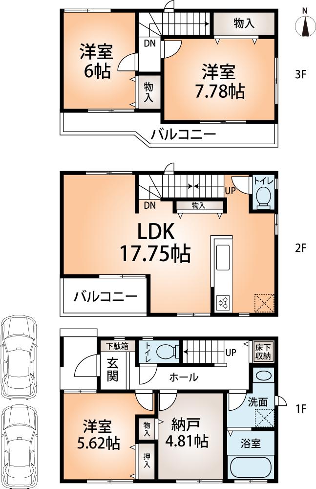 Floor plan. (No. 3 locations), Price 37,800,000 yen, 4LDK, Land area 88.09 sq m , Building area 100.59 sq m