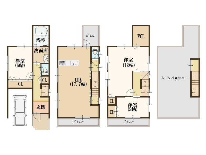Floor plan. 36,800,000 yen, 3LDK, Land area 63.14 sq m , Building area 106.41 sq m 3 floor of the Western-style is can also be used as a partition possible 4LDK