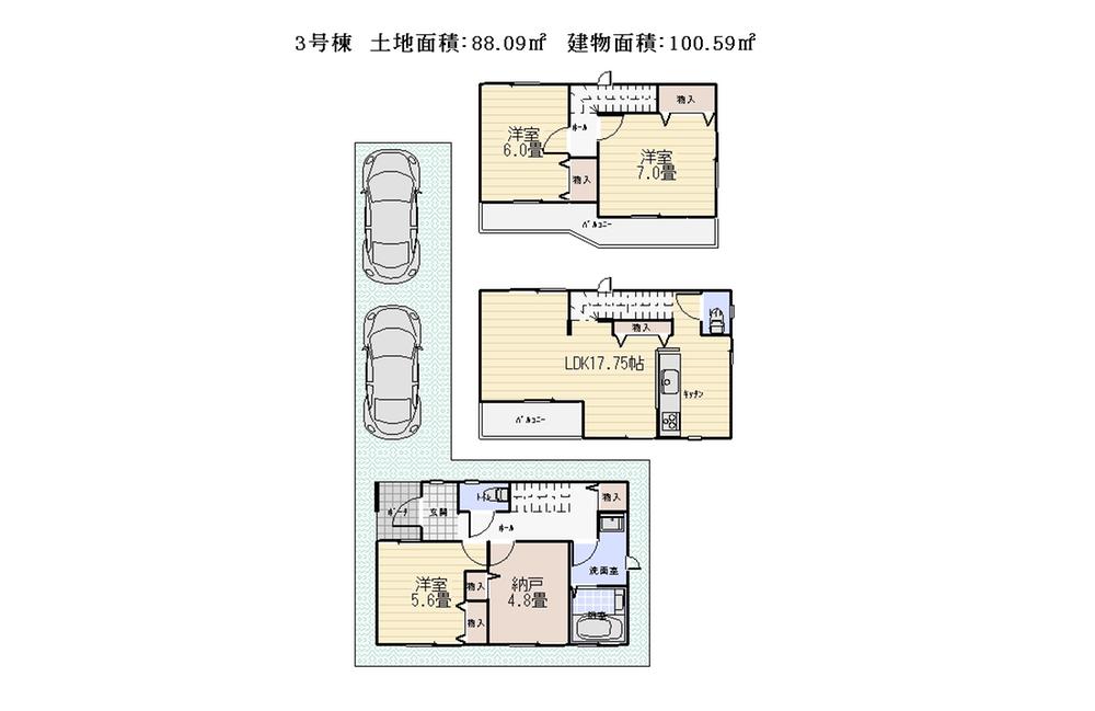 Floor plan. (3 Building), Price 37,800,000 yen, 3LDK+S, Land area 88.09 sq m , Building area 100.59 sq m